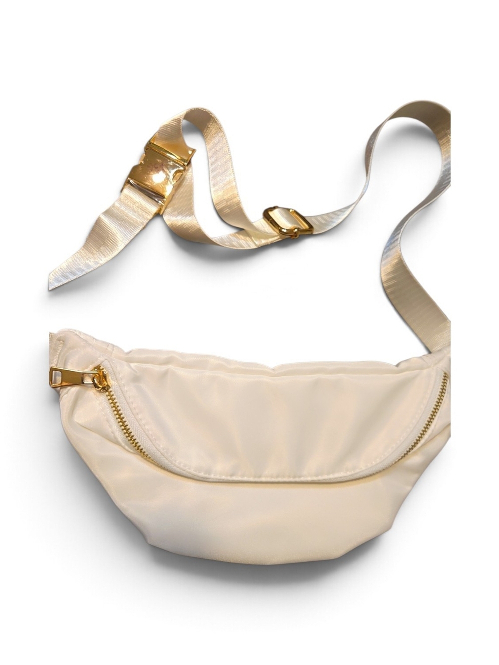 White Nylon Crossbody/ Fanny Pack Belt Bag with Gold Hardware